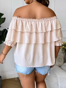 SHEIN Holidaya Blusa de hombros descubiertos con nudo delantero ribete con fruncido - Caqui - Ver 2