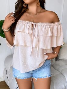 SHEIN Holidaya Blusa de hombros descubiertos con nudo delantero ribete con fruncido - Caqui - Ver 3