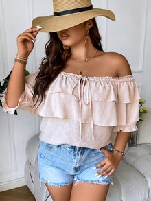 SHEIN Holidaya Blusa de hombros descubiertos con nudo delantero ribete con fruncido - Caqui - Ver 5