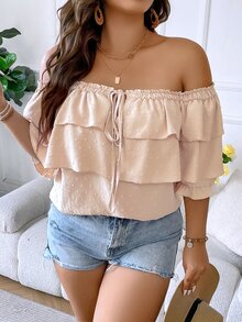 SHEIN Holidaya Blusa de hombros descubiertos con nudo delantero ribete con fruncido - Caqui - Ver 6