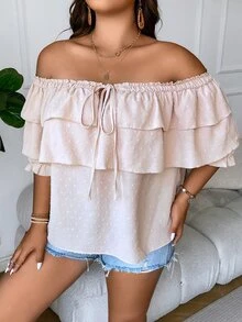 SHEIN Holidaya Blusa de hombros descubiertos con nudo delantero ribete con fruncido - Caqui - Ver 7