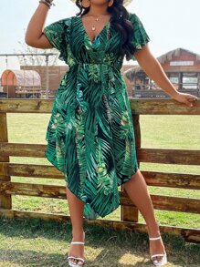 SHEIN Holidaya Plus Tropical Print Butterfly Sleeve Dress - Green - View 3