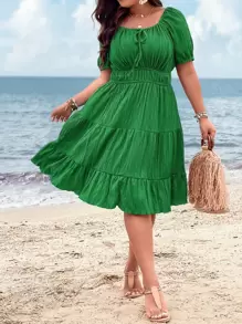 Breezaya Plus Tie Front Layered Hem Dress - Green - View 7