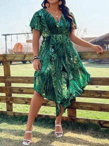 SHEIN Holidaya Plus Tropical Print Butterfly Sleeve Dress - Green - View 5