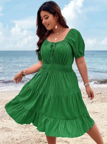 Breezaya Plus Tie Front Layered Hem Dress - Green - View 8