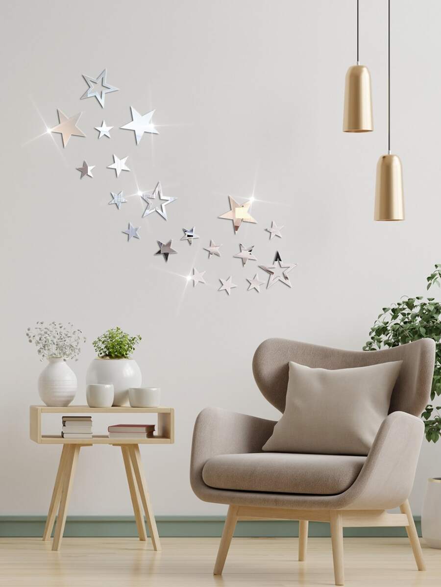 19pcs Star Shaped Mirror Wall Sticker, Silver Decorative Mirror For Home Decor E-I-D - Silver - View 1