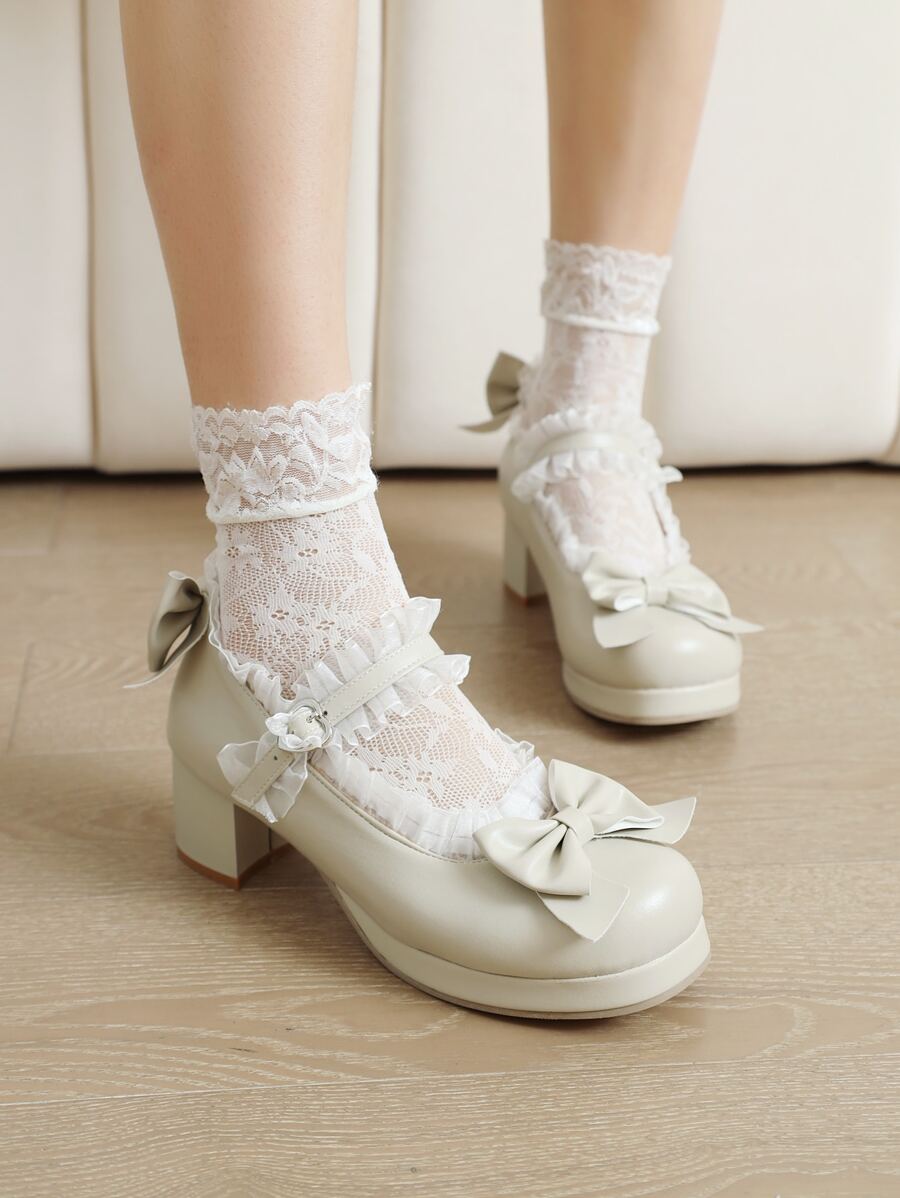 Tacones mary jane con diseño de lazo ribete con fruncido plataforma con tacón grueso - Beis - Ver 1