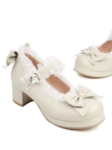 Tacones mary jane con diseño de lazo ribete con fruncido plataforma con tacón grueso - Beis - Ver 6