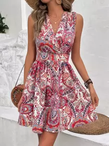 SHEIN Frenchy Allover Paisley Print Dress Summer New Year Red Red - Red - View 1