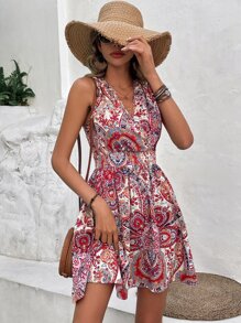 SHEIN Frenchy Allover Paisley Print Dress Summer New Year Red Red - Red - View 4