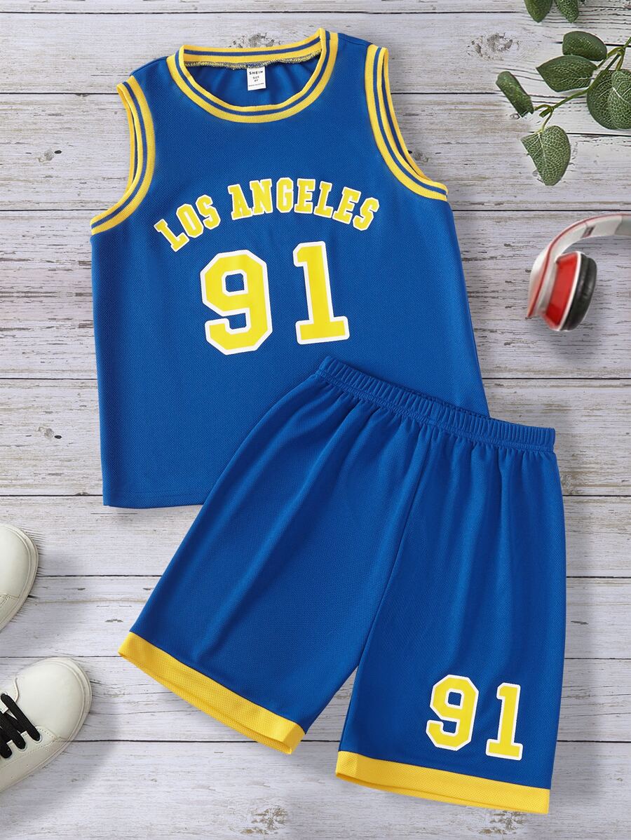 SHEIN Boys Letter Graphic Striped Trim Tank Top & Shorts - Blue - View 1