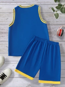 SHEIN Boys Letter Graphic Striped Trim Tank Top & Shorts - Blue - View 2