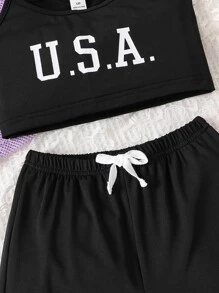 SHEIN Bộ hai mảnh Gái Thắt nút Tương phản ràng buộc Khối Màu Lá thư Giải trí - Nhiều màu - Xem 5