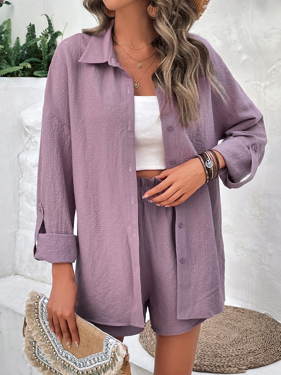 SHEIN Frenchy Solid Button Front Shirt & Shorts - Dusty Purple - View 1