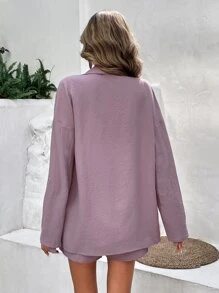 SHEIN Frenchy Solid Button Front Shirt & Shorts - Dusty Purple - View 2