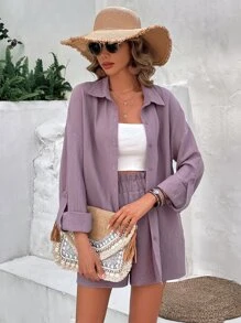 SHEIN Frenchy Solid Button Front Shirt & Shorts - Dusty Purple - View 3