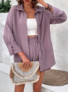 SHEIN Frenchy Solid Button Front Shirt & Shorts - Dusty Purple - View 5