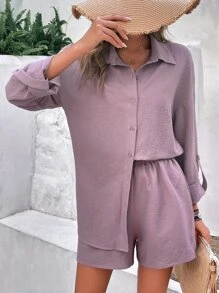 SHEIN Frenchy Solid Button Front Shirt & Shorts - Dusty Purple - View 7