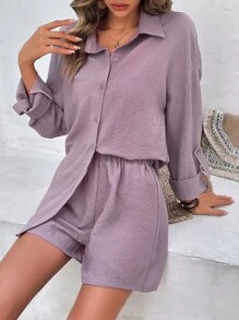 SHEIN Frenchy Solid Button Front Shirt & Shorts - Dusty Purple - View 8