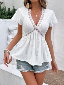 SHEIN Frenchy Eyelet Embroidery Contrast Lace Tee - White - View 6