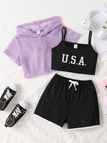 SHEIN Bộ hai mảnh Gái Thắt nút Tương phản ràng buộc Khối Màu Lá thư Giải trí - Nhiều màu - Xem 1