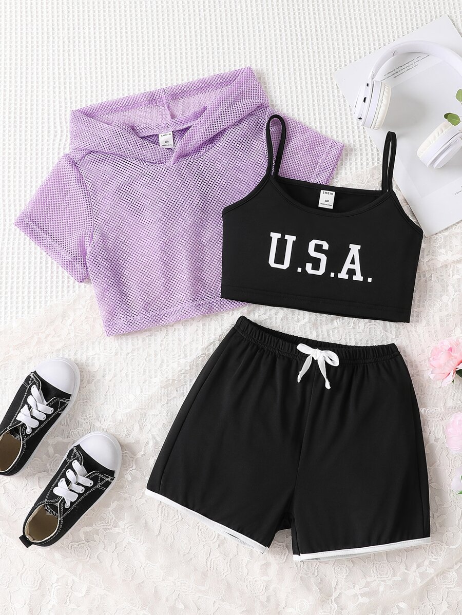 SHEIN Bộ hai mảnh Gái Thắt nút Tương phản ràng buộc Khối Màu Lá thư Giải trí - Nhiều màu - Xem 1