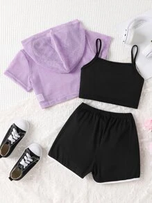 SHEIN Bộ hai mảnh Gái Thắt nút Tương phản ràng buộc Khối Màu Lá thư Giải trí - Nhiều màu - Xem 2