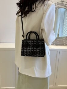 Fashionable,Minimalist,Casual,Plaid Pattern Double Handle Square Bag For Girl, Teen Girls - Black - View 2