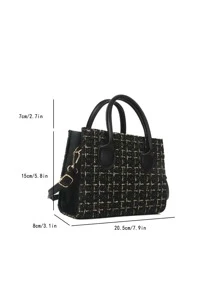 Fashionable,Minimalist,Casual,Plaid Pattern Double Handle Square Bag For Girl, Teen Girls - Black - View 3