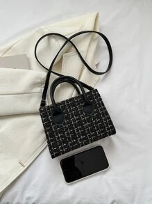 Fashionable,Minimalist,Casual,Plaid Pattern Double Handle Square Bag For Girl, Teen Girls - Black - View 5