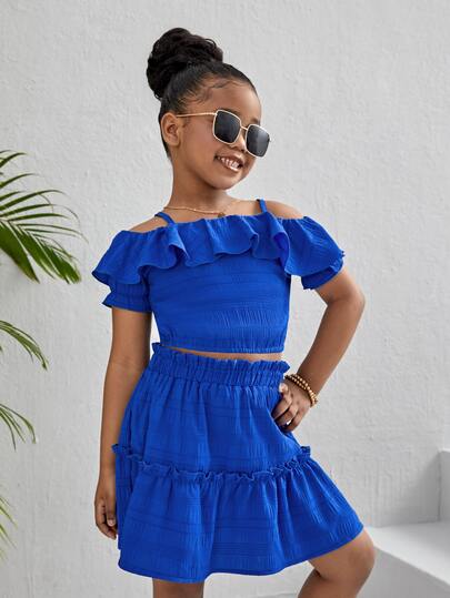 SHEIN 青少年女孩度假纯色荷叶边露肩上衣和中长裙两件套