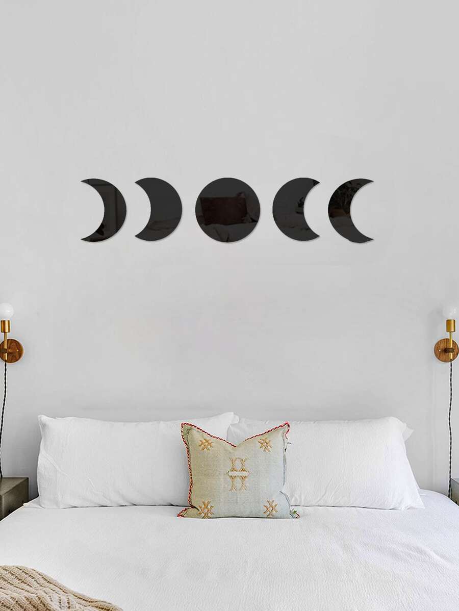 5pcs Moon & Sun Shaped Mirror Wall Sticker - Black - View 1