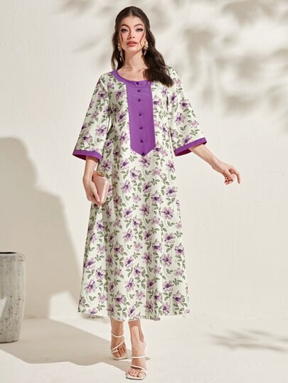 Al Najma Floral Print Button Front Dress, Modest