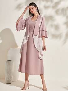 Modelyn Flounce Sleeve Open Front Coat & Dress - Dusty Pink - View 4
