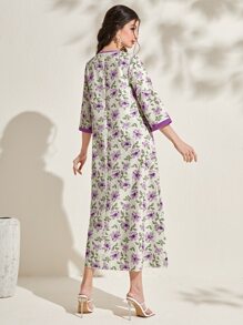 Al Najma 花卉印花纽扣前开连衣裙，端庄 - 紫色 - 查看 2