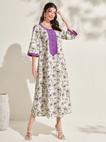 Al Najma 花卉印花纽扣前开连衣裙，端庄 - 紫色 - 查看 3