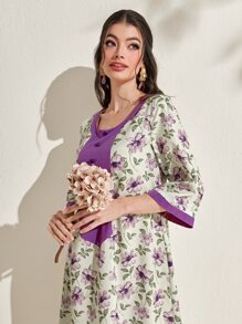 Al Najma 花卉印花纽扣前开连衣裙，端庄 - 紫色 - 查看 5