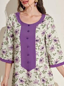 Al Najma 花卉印花纽扣前开连衣裙，端庄 - 紫色 - 查看 6