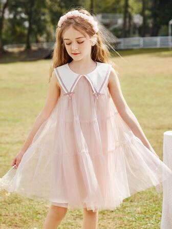 青少年女孩拼接領網紗覆蓋連衣裙