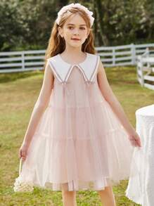 Tween dziewczynka Kontrastowy kołnierz Sukienka z siateczki