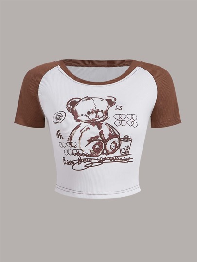 ROMWE Bear Print Raglan Sleeve Tee