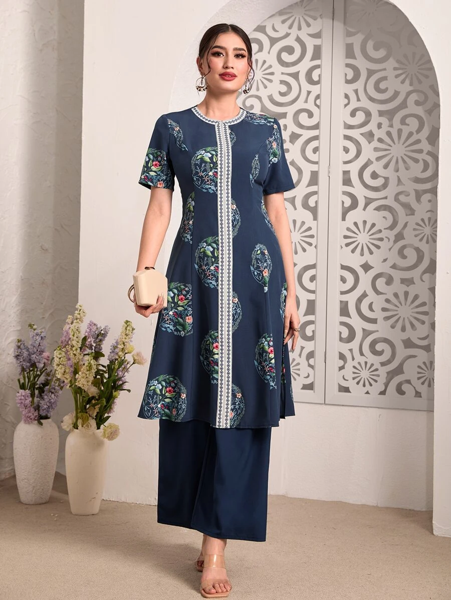 Divindia Floral Print Slit Hem Kurta Top & Trousers Set - Blue - View 1