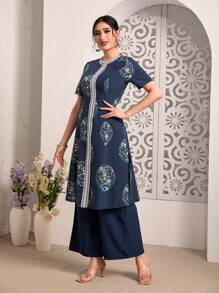 Divindia Floral Print Slit Hem Kurta Top & Trousers Set - Blue - View 3