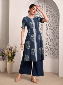 Divindia Floral Print Slit Hem Kurta Top & Trousers Set - Blue - View 4