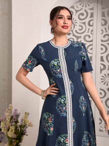 Divindia Floral Print Slit Hem Kurta Top & Trousers Set - Blue - View 5