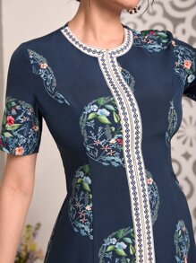 Divindia Floral Print Slit Hem Kurta Top & Trousers Set - Blue - View 6