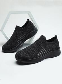 Men Striped Pattern Low-top Running Shoes, Sporty Outdoor Sneakers - Black - View 1