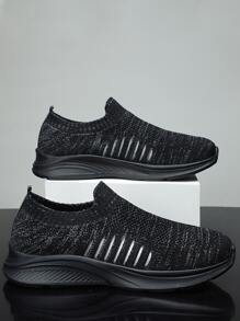 Men Striped Pattern Low-top Running Shoes, Sporty Outdoor Sneakers - Black - View 2