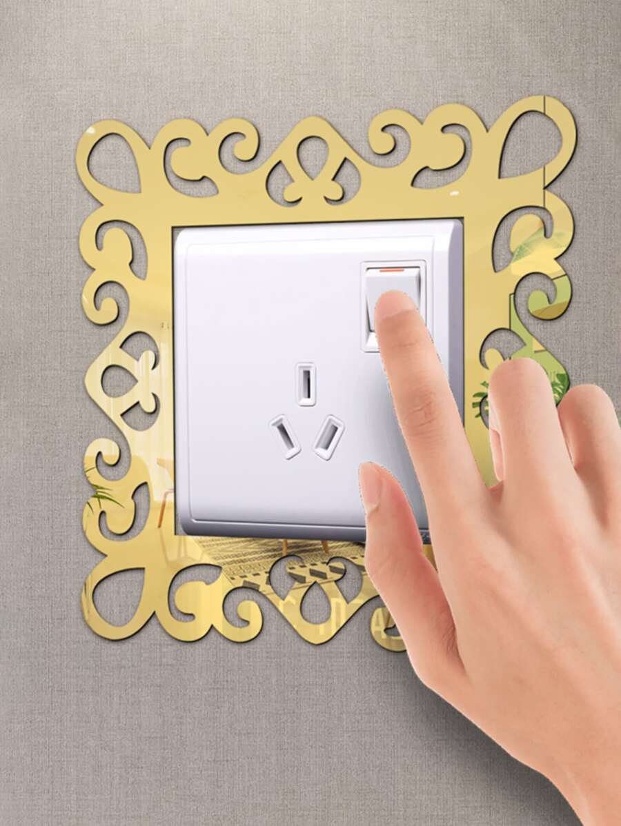 1pc Mirror Surface Switch Wall Sticker, Vintage Flower Design PMMA Switch Outlet Wall Sticker For Home Decoration - Gold - View 1