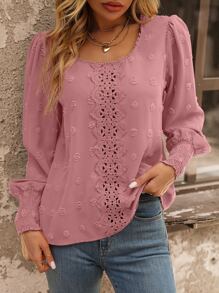 SHEIN LUNE 瑞士圆点花边蕾丝嵌件灯笼袖衬衫、长袖上衣 - 藕粉色 - 查看 3